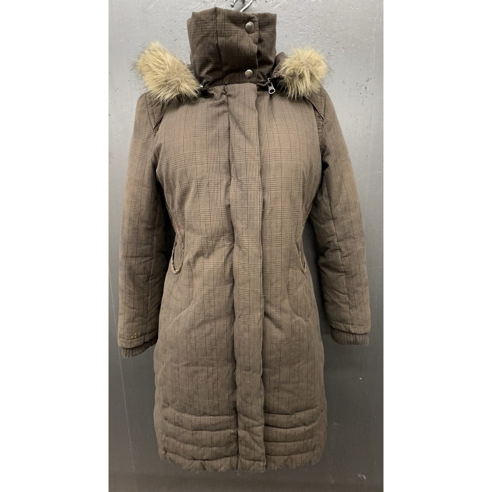 Soia & Kyo Down Coat M Brown Glen Plaid Fur Trim Hood Cotton Long Jacket Outdoor